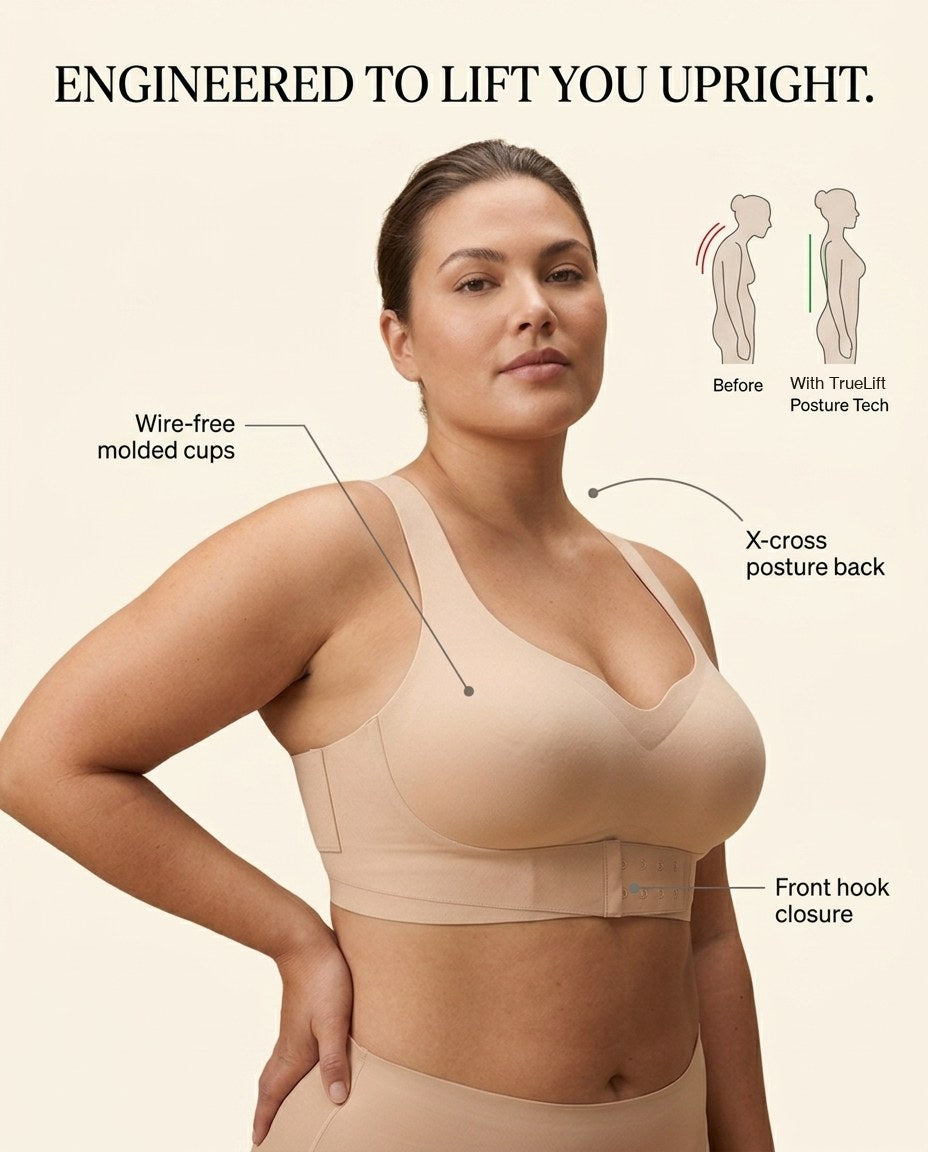TrueLift mechanism — wire-free molded cups, X-cross posture back, front hook closure