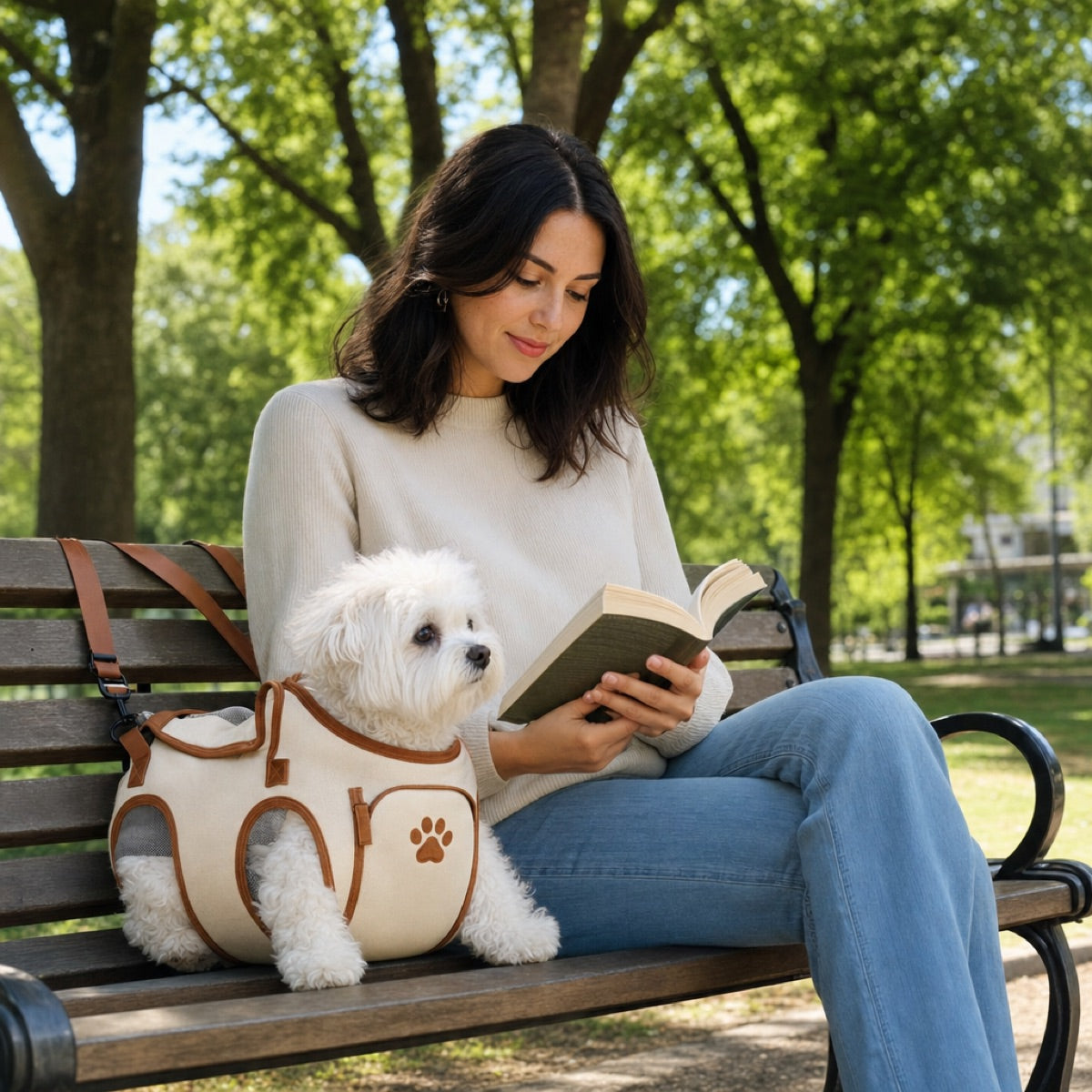 PawVest — pet parent reading at the park